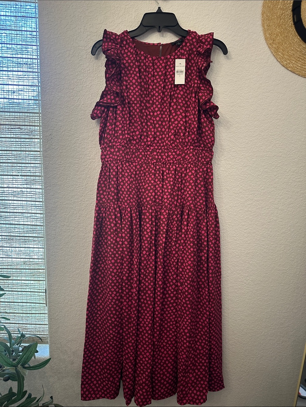 Ann Taylor Burgundy Midi Dress with Pink Dot Print